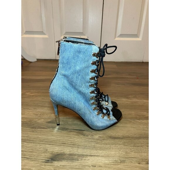 Balmain Light Blue Denim Open-Toe Lace-Up Stiletto Booties Size 10 - Picture 2 of 8